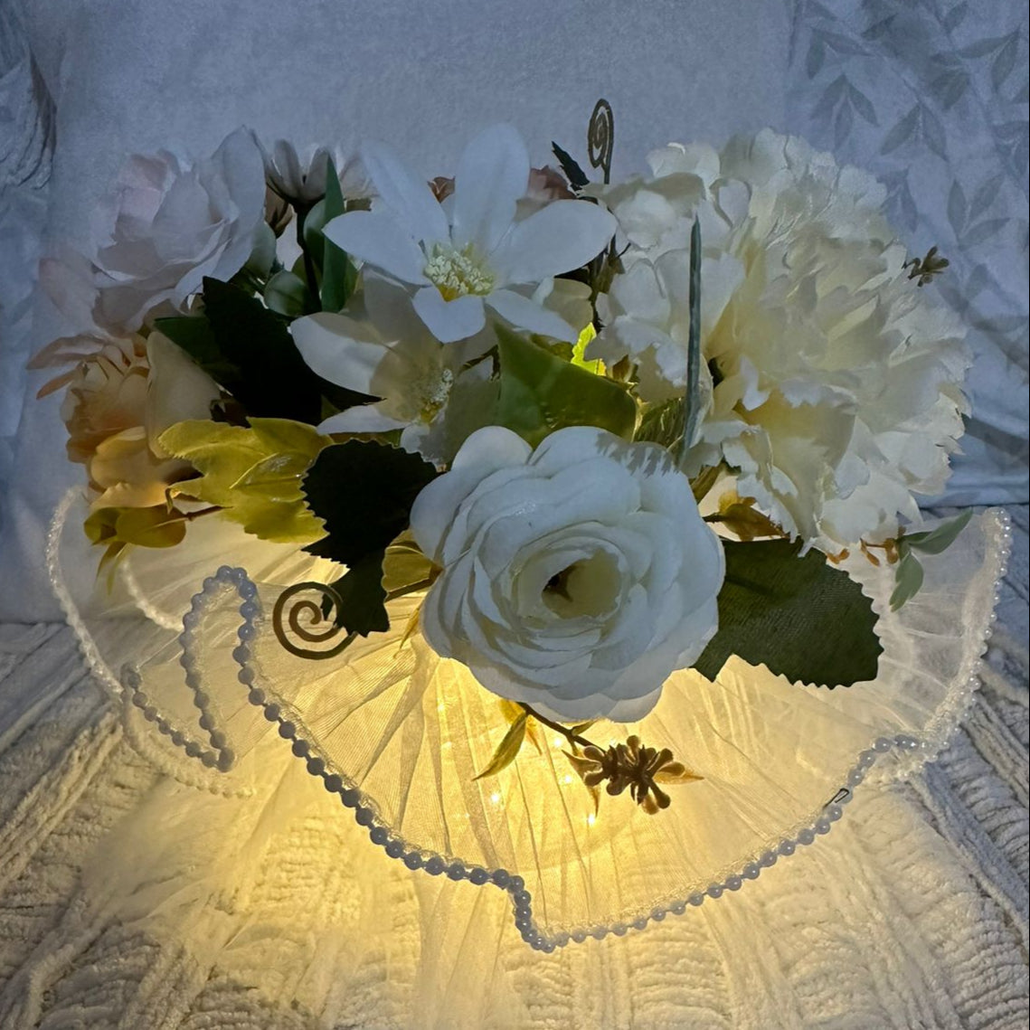 Lampara + luz LED nocturna con Ramo de flores artificiales x7 en maceta de vidrio