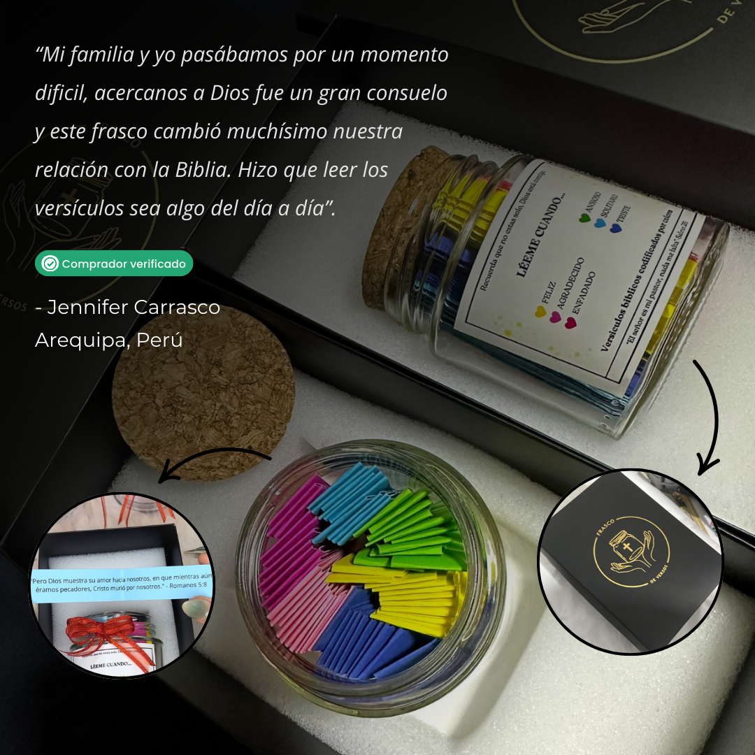 Frasco bíblico™ con 60 versículos cristianos de 6 colores y emociones, tapa corcho y caja negra + espuma