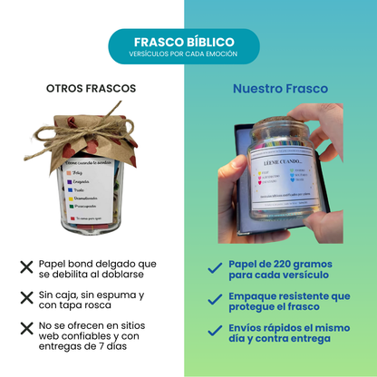 Frasco bíblico™ con 60 versículos cristianos de 6 colores y emociones, tapa corcho y caja negra + espuma