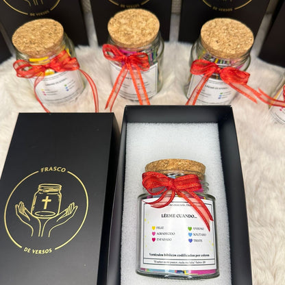 Frasco bíblico™ con 60 versículos cristianos de 6 colores y emociones, tapa corcho y caja negra + espuma
