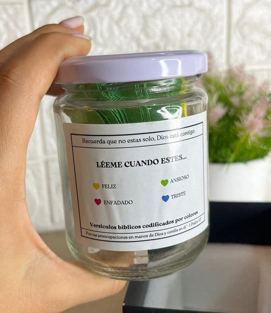 Frasco Bíblico con 40 versículos cristianos de 4 colores y emociones, tapa blanca y caja negra + espuma