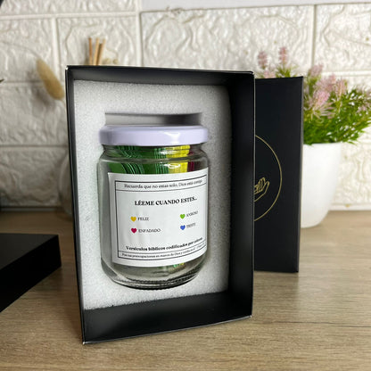 Frasco Bíblico con 40 versículos cristianos de 4 colores y emociones, tapa blanca y caja negra + espuma